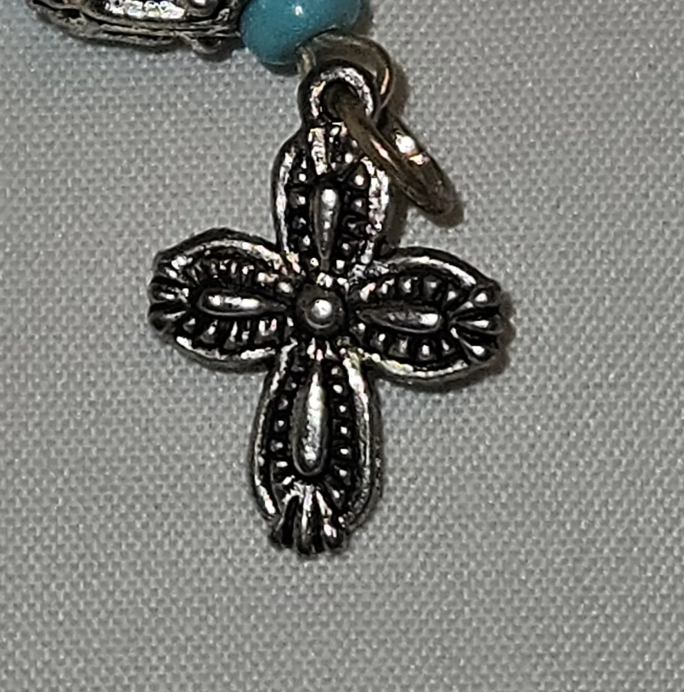 Elegant Turquoise Stone Silver-Toned Ornate Cross Keychain Keyring Handmade